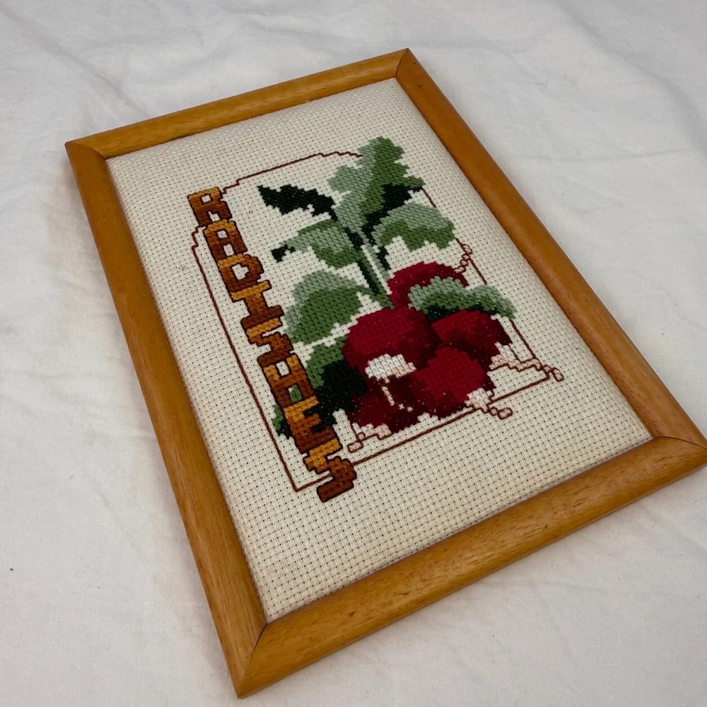 Vintage Radishes Cross Stitch Framed Wall Art Kitchen Decor Farmhouse 6x8